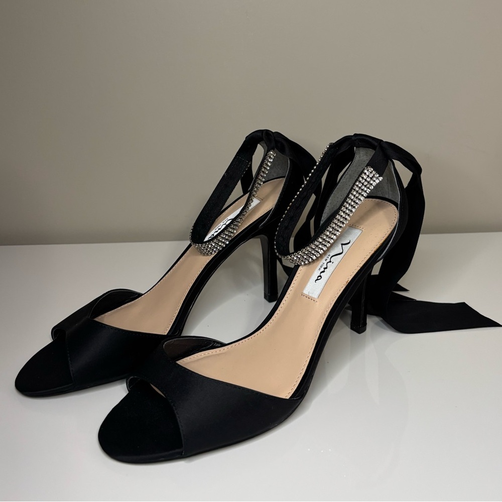 Nina Vinnie Rhinestone Evening Dress Black Satin Heels